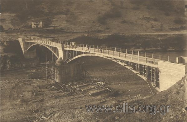 The construction of a bridge at Nestos river. Some of the last part of scaffolds stand out.