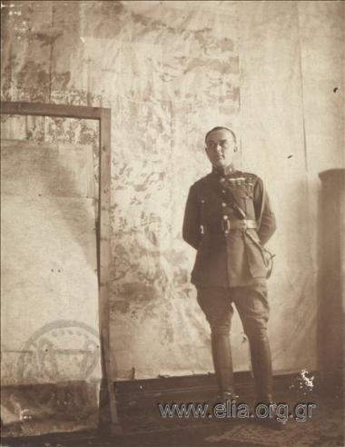 Colonel Ptolemaios Sarigiannis, Deputy Commander of the General Staff of the Asia Minor Army, posing in front of a map. Asia Minor campaign.