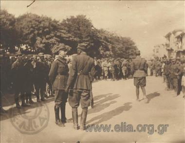 Colonel Ptolemaios Sarigiannis, Deputy Commander of the General Staff, conversing with an officer during a military ceremony or gathering. Asia Minor campaign.