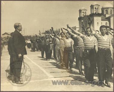 Mayor of Athens Kostas Kotzias in Apollon Athinon FC stadium attending a parade of athletes from independent football clubs
