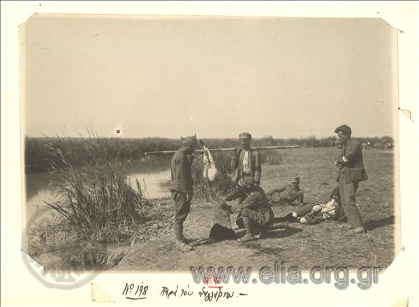 Asia Minor campaign,Greek  soldiers skin a sheep next to the Sangarios river.