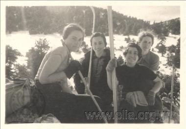 New Year's Day in Parnitha. A group of young women posing with skis