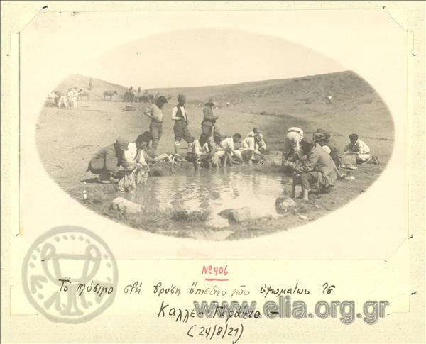 Asia Minor campaign,  August 24, Greek  soldiers wash clothes at a fountain behind the Kalle-Grotto hills.