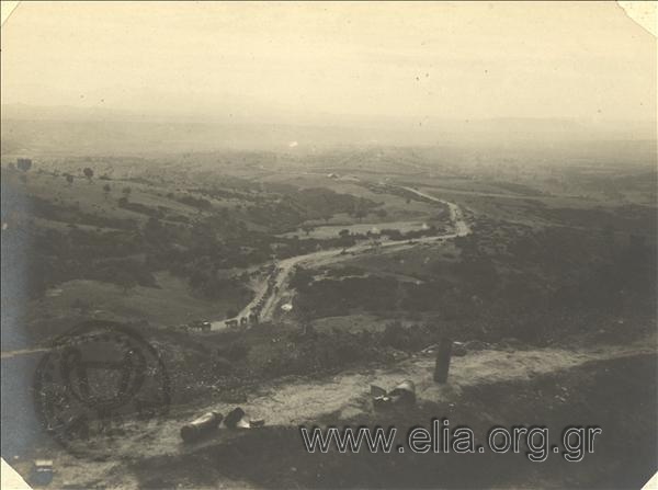 Balkan War I, landscape. A convoy can be seen, taken from the bunker.