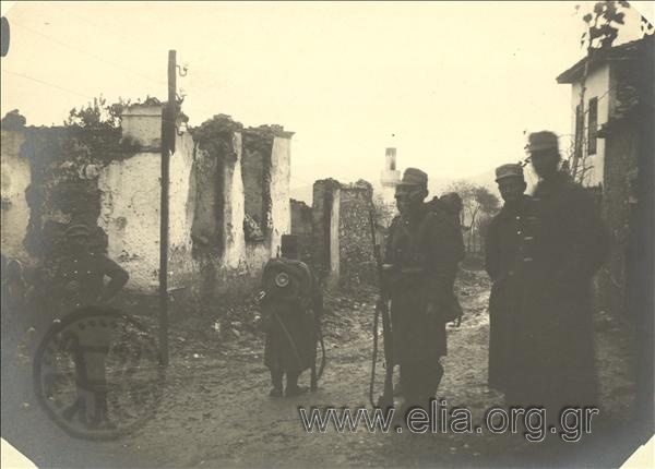 Balkan War I, Greek  soldiers in a ruined settlement.