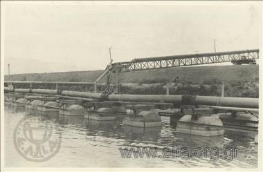 Drainage work at Lake Ioannina, reshaping of the peripheral canal around the lake: the wire mesh supporting the piping for sending muck scrapings from the lake out to the land, behind the protective embankment