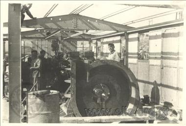 Drainage work at Lake Ioannina, reshaping of the peripheral canal around the lake: assemblage of machinery inside dredger 