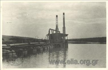 Drainage work at Lake Ioannina, reshaping of the peripheral canal around the lake: view of dredger 