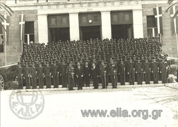 July 31, President Konstantinos Tsatsos with young second lieutenants, at the Hellenic Army Academies.