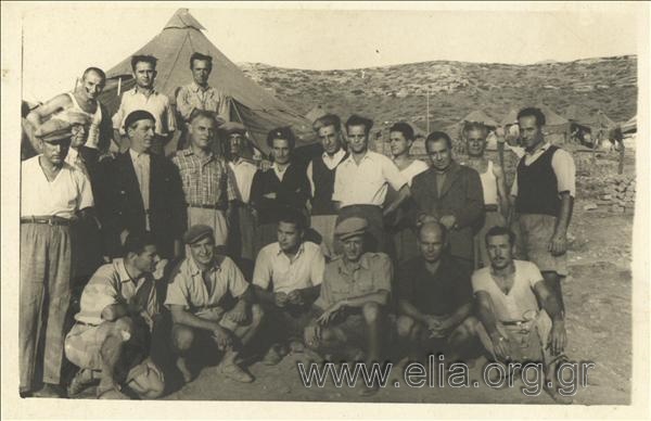 Exiles. Second row, from left to right: Manos Katrakis, Matsakas (former customs head), professor Giannis Imvriotis, Karousos, Menelaos Loudemis (sixth), Dimitris Fotiadis, Papaperiklis (tenth). Baladimas (bottom row)