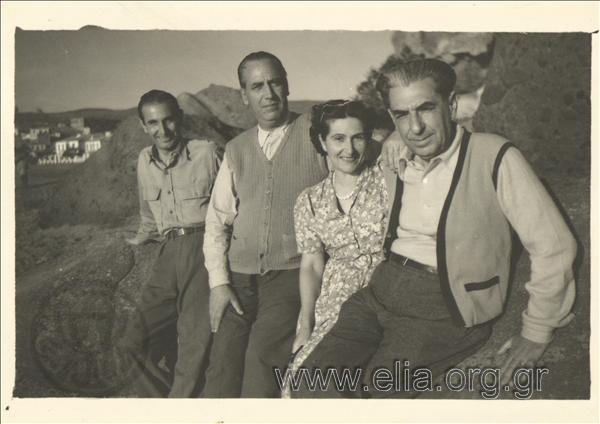 Exiled Menelaos Loudemis, Giannis Imvriotis and Dimitris Fotiadis with visiting Katina Fotiadou at the beach of Ai-Stratis