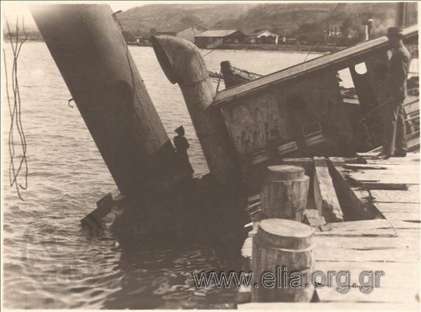 Asia Minor campaign: Turkish steamer at the Moudania harbor, destroyed during World War I
