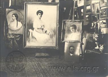The studio of Viktor Dousmanis. The oil paintings portray (from left) Aikaterini Vourou, Maria Dousmani and Sofoklis Dousmanis.