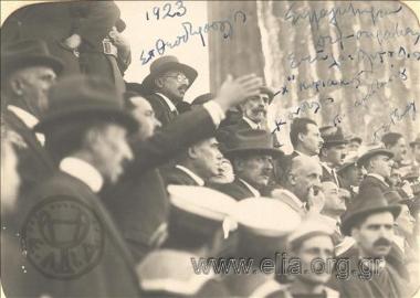 Snapshot from the pro-Democracy rally in front of the Temple of the Olympian Zeus. Sp. Theodoropoulos, Georgios Kondylis, Alexandros Papanastasiou, Chatzikyriakos and Dimitrios Georgopoulos can be seen.