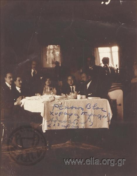 Dimitrios Georgopoulos, Chorafas, Paraschidis, Athanasiadis and Sitaras in the dining area of Pension Bloc