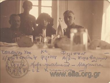 Asia Minor campaign: colonel Tsakalos, his aide, Mrs. Filippou and lieutenant colonel Filippou at the Officers' Club.