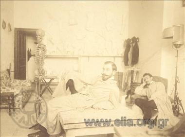 Sculptor Kostas Dimitriadis (right) in a sculptor's (?) atelier