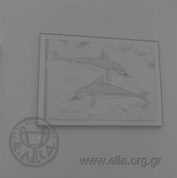 Εκθέματα αρχαιολογικού μουσείου: τοιχογραφία με παράσταση δελφινιών.