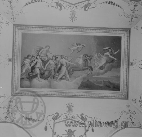 Οροφογραφία (;) στο Ιλίου Μέλαθρον. Αρχικά οικία του Ερρίκου Σλήμαν και σήμερα Νομισματικό Μουσείο. Λήψη την εποχή που το κτίριο στέγαζε τον Άρειο Πάγο.