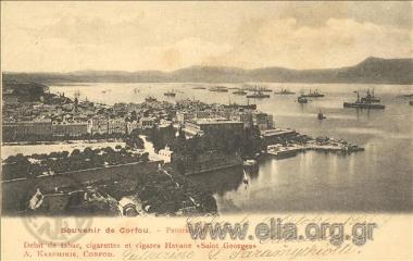 Souvenir de Corfou. - Panorama de la ville. Débit de tabac, cigarettes et cigares Havane 