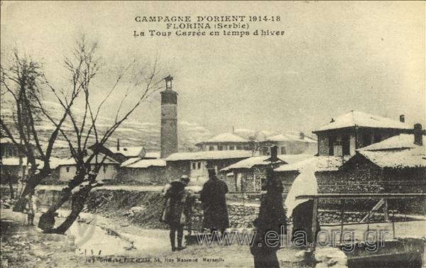 Campagne d' Orient 1914-1918. Florina (Serbie). La Tour Carré en temps d' hiver.