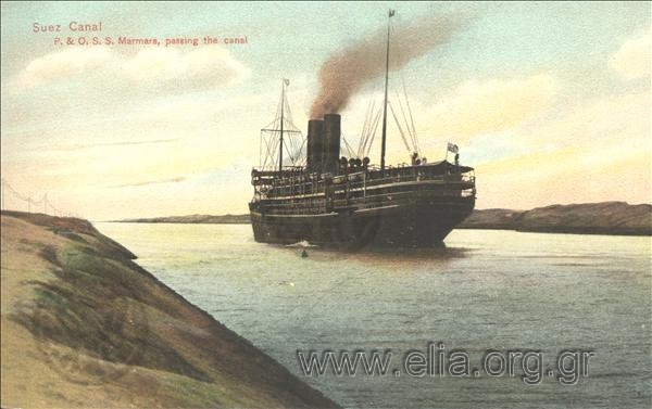 Suez Canal. P. & O. S. S. Marmara, passing the canal.