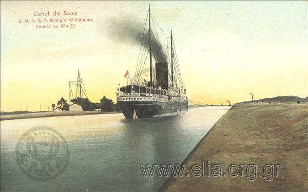 Canal de Suez. S. M. N. S. S. Konigin Wilhlelmina Amarré au Klo 31.