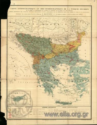 CARTE ETHNOGRAPHIQUE ET ORO-HYDROGRAPHIQUE DE LA TURQUIE D΄EUROPE, DE LA SERBIE, DU MOΝTENEGRO, DE LA GRECE, DE L΄ARCHIPEL ET DE L΄ OUEST DE L΄ ASIE MINEURE