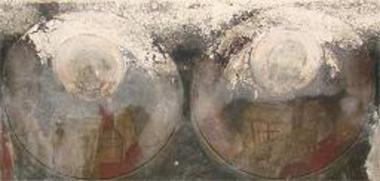 Τοιχογραφία με απεικόνιση δύο αδιάγνωστων Αγίων διακόνων, εντός μεταλλίων.