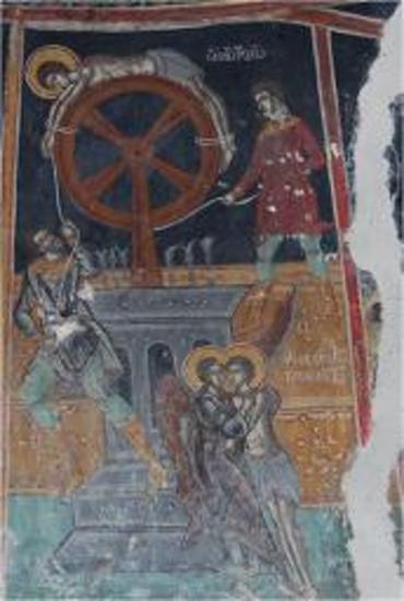 Τοιχογραφία με παράσταση μαρτυρίου του Αγίου Γεωργίου.