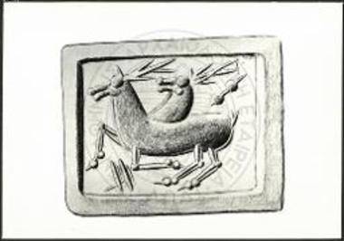 Σχέδιον του εκτύπου της σφραγίδος εξ αχάτου με παράστασιν ζεύγους ελάφων εν καλπασμώ και βέλους κυνηγού.