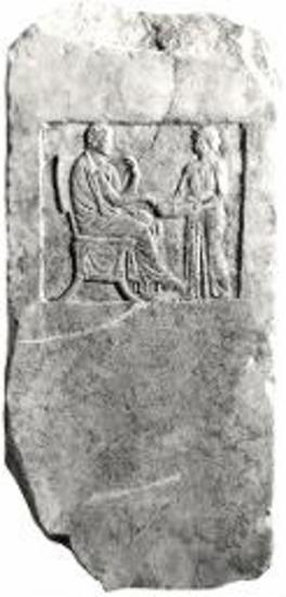 Grave stele bearing relief of a sitting woman and a standing woman holding a pyxis