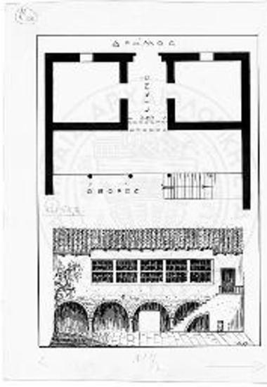 Κάτοψις ισογείου και όψις προς την αυλήν παλαιάς αρτινής οικίας με την κρεββάταν υαλόφρακτον