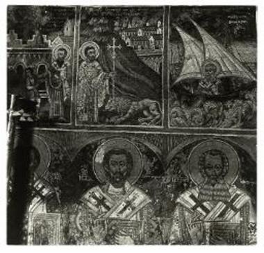 Καλλιανέικα, Μονή Προφήτη Ηλιού. Οι ιεράρχες Βασίλειος, Γρηγόριος και Ιωάννης Χρυσόστομος με αντίστοιχες σκηνές βίου (1758).