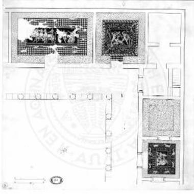 Αναπαράσταση της κάτοψης της οικίας της αρπαγής της Ελένης με τα ψηφιδωτά δάπεδα. Σχέδιο Κ. Ηλιάκη.