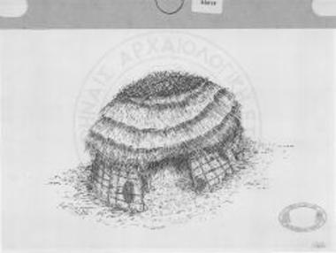 Αναπαράσταση ελλειπτικής καλύβας της Νέας Μάκρης με είσοδο στη μακρά πλευρά.