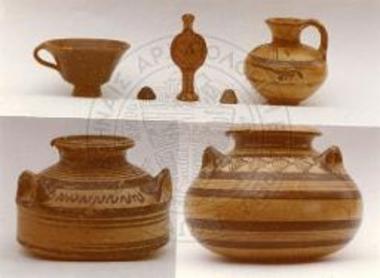 Cup, jug, alabastra, Phi type figurine, loom weights