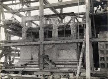 Erechtheion. Caryatids porch. Iron frame installed inside the porch architrave and supported by three iron posts in the fa?ade.