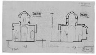 Άγιος Νικόλαος Μαγούλας. Αριστερά: τομή κατά πλάτος. Δεξιά: τομή κατά πλάτος.