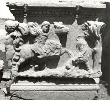 Marble sarcophagus with high relief