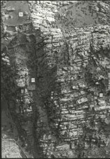 Πάρος. Αεροφωτογραφία της μυκηναϊκής ακροπόλεως των Κουκουναριών προ της ανασκαφής του θέρους 1977. Διακρίνεται η ανάβαση (α), το πλάτωμα (b) και η θέση της δοκιμαστικής τομής (c).