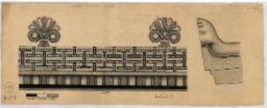 Ακρογείσιον (υπέρ το ξύλινον γείσον). Μέτωπον στρωτήρος με οπήν εκροής κατά το μέσον. Ανθεμωτά μέτωπα καλυπτήρων. Μετρική μονάς 45.375 (= 22 δακτύλιοι ποδός 33) κατανεμομένη εις 24 ή 30 δακτύλους.