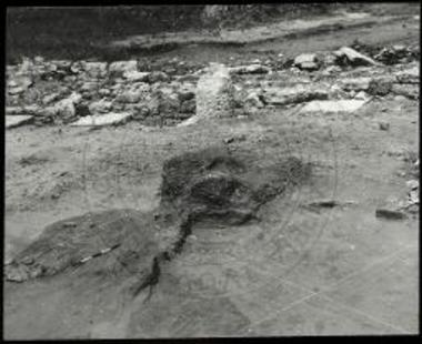 Αρχαία Άβδηρα. Άποψη του καμινιού από ΝΑ. Διακρίνεται μέρος της κιονοστοιχίας του νεωσοίκου και η εσωτερική παρειά του αρχαϊκού τείχους.