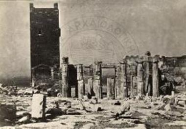 View of the east fa?ade of the Propylaea and the frankish tower that was demolished in 1876.