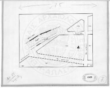 Απόσπασμα τοπογραφικού διαγράμματος στα Β.-ΒΔ. των Μεγάρων, όπου σημειώνονται τα τμήματα του προτειχίσματος και του τείχους.