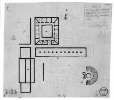 Πρόχειρον σχέδιον κατόψεως των ορατών ερειπίων νοτίως του ανασκαφέντος οικοδομήματος.