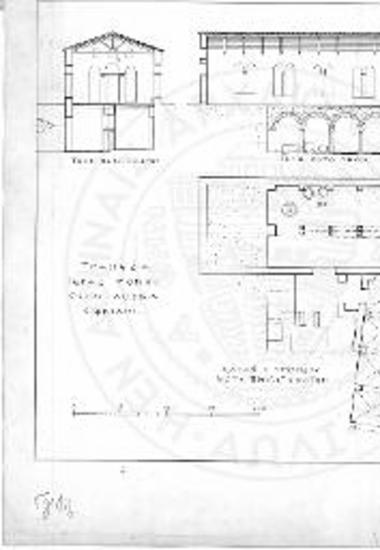 Άνω: Τομή κατά πλάτος και κατά μήκος της Τραπέζης μετά την αναστήλωσιν. Διακρίνεται ηεν τω υπογείω διπλή αξονική τοξοστοιχία. Κάτω: Κάτοψις της αποθήκης και της παρά την ΝΑ γωνίαν της Τραπέζης αποκαλυφθείσης υποστύλου αιθούσης.