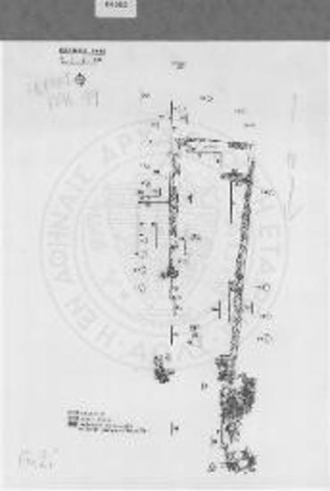 Το μέγαρο Β με τις πλάκες της ελλειπτικής περίστασης και τις στρωματογραφικές τομές 1-28.