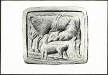 Σχέδιον του εκτύπου της χαλκής σφραγίδος, με παράστασιν αγελάδος λειχούσης τον θηλάζοντα μόσχον.