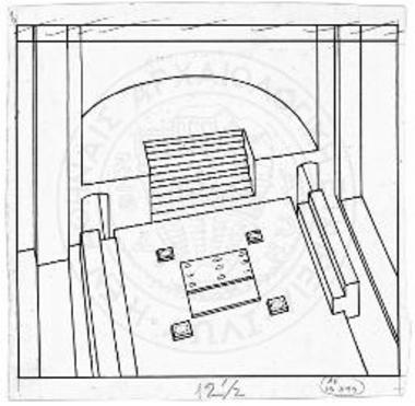 Αναπαράστασις του συνθρόνου της βασιλικής Β της Νικοπόλεως. Εις τα άκρα τα μετά χαμηλωμένου υπερθύρου στόμια του σκεπαστού διαδρόμου και εκατέρωθεν της αγ. τραπέζης τα βάθρα των κληρικών του β' βαθμού (Ορλάνδος)